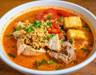 Spicy Chicken Noodle Soup In White Bowl