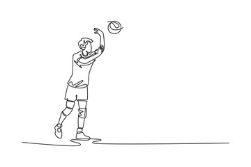 Single one line drawing male volleyball player serving the ball while national league on court arena. Team sport member on healthy leisure time. Continuous line draw design graphic vector illustration