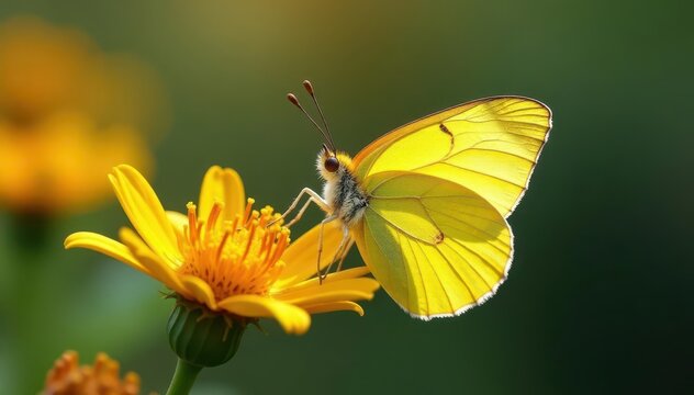 Apricot Sulphur butterfly perched on flower, wings spread , yellow, insect, Phoebis philea