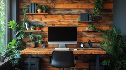 Minimalist home office with wooden accents and natural light, embodying modern comfort and productivity.
