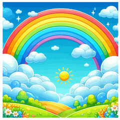 Funny kids background with rainbow on sky background and clouds and trees
Beautiful hand drawn kids background vector