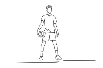Continuous one line drawing male volleyball player standing and holding the ball while tournament at indoor court. Team sport on healthy activity. Single line draw design vector graphic illustration