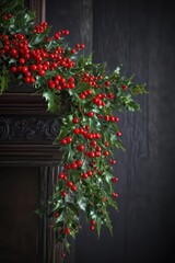 Naklejka premium Bright red holly berries and glossy green leaves adorn a dark wooden mantel , xmas, christmas decor, seasonal