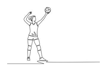 Single continuous line drawing beauty female volleyball player serving the ball while training on court arena. Team sport member on healthy activity. One line draw graphic design vector illustration