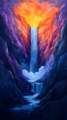 Fototapeta premium A majestic waterfall cascades down a cliff face nestled within a deep gorge Warm sunset hues illuminate the upper can
