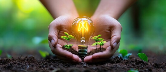 the hands holding a glowing light bulb with little plants around it symbolizes eco-friendly energy solutions and sustainable innovation for a healthier planet and green future