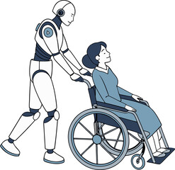 The robot carries a woman in a wheelchair. Robot Assisting with Wheelchair: A Vision of Care and Technology