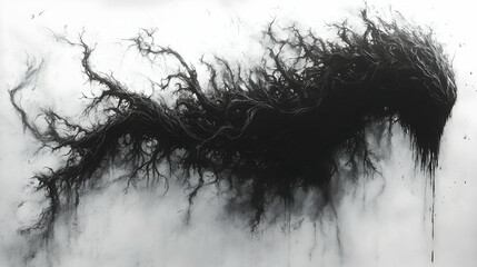 Abstract charcoal drawing of a dark, flowing, organic form.  Intricate,  sprawling branches and tendrils create a sense of dread and mystery