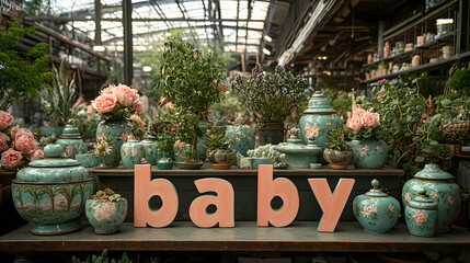 Baby announcement display with pastel-colored vases, potted plants, and flowers
