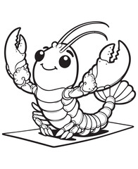 Coloring book lobster doing yoga on a mat. A cute and relaxing marine fitness scene.