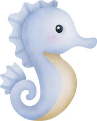 Watercolor illustration of a light blue seahorse on a transparent background. © beyouenked
