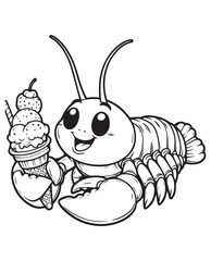 Coloring book kawaii lobster enjoying ice cream. A cute and cheerful summer treat