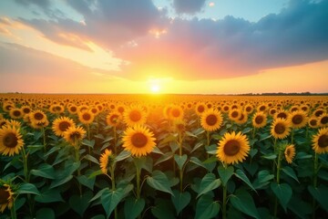 Fototapeta premium Tall corn and sunflowers bathed in sunset's glow, against a vast blue sky , light, background