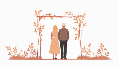 Elderly couple standing together at wedding arch, love and connection