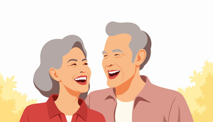 Fototapeta premium Elderly couple laughing together in sunny outdoors, joy of companionship