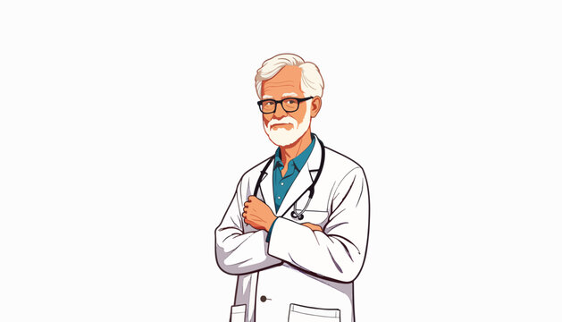 Elderly doctor smiling confidently in minimalist design, healthcare concept