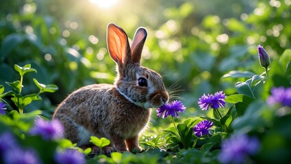 Rabbit sniffing vibrant purple flower in soft sunlight