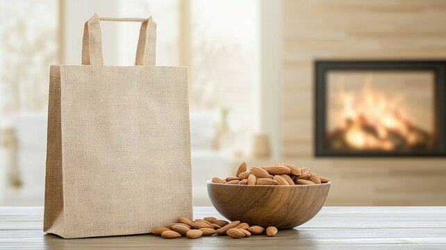 Jute Bag with Almonds by a Fireplace almonds bowl jute bag brown bag shopping bag burlap burlap bag