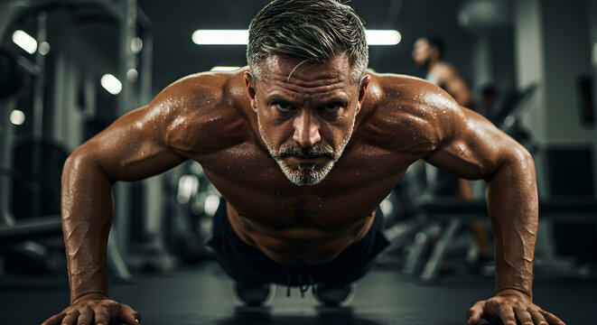 Determined Muscular Man Performing Pushups at Dark Gym in Close Up Perspective with Dramatic Lighting and Intense Focus