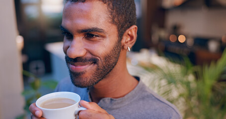 Man, thinking and coffee in home with relax, morning routine and favorite beverage. Male person,...