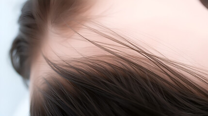 Naklejka premium Close-up of a woman's scalp showing hair and skin.