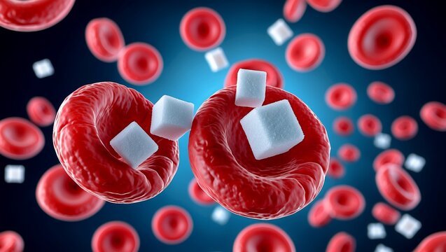 Red blood cells surrounded by sugar cubes symbolizing diabetes