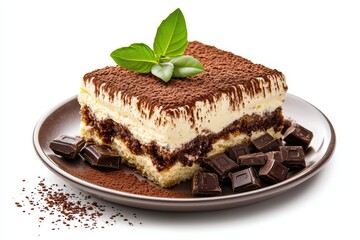 Delicious tiramisu dessert with fresh basil leaf and chocolate on a plate surrounded by cocoa powder and chocolate squares