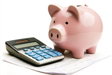 Pink piggy bank beside calculator on top of financial paperwork represents saving and budgeting concepts effectively