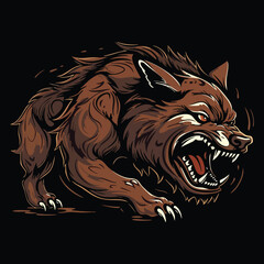 A fierce and aggressive illustration of a snarling wolf with sharp fangs and intense eyes. The artwork emphasizes the animal's wild and predatory nature with detailed fur and a threatening posture, se