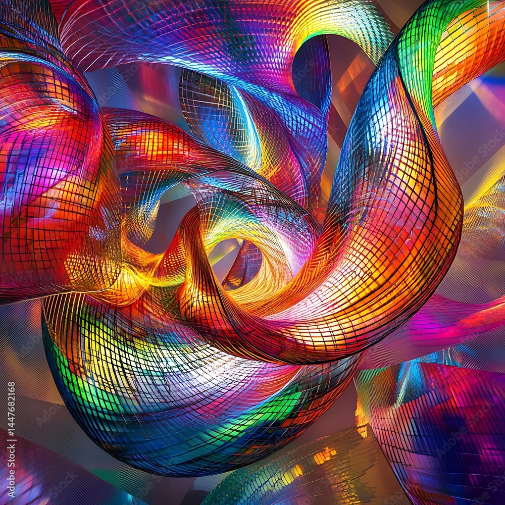 Poster abstract image featuring vibrant, multicolored ribbons swirling and intertwining against a dark back