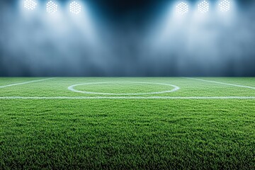 Obraz premium Lush green soccer field under bright stadium lights with smoky background for sport event and competition purpose