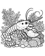 Coloring book lobster nestled amongst detailed coral and seaweed. A charming underwater scene
