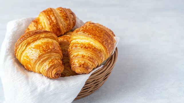 Freshly baked golden croissants in a woven basket on a light background for culinary use and bakery concepts - Powered by Adobe