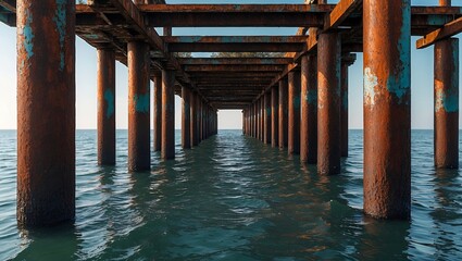 Rusted pilings of a weathered pier in tranquil waters