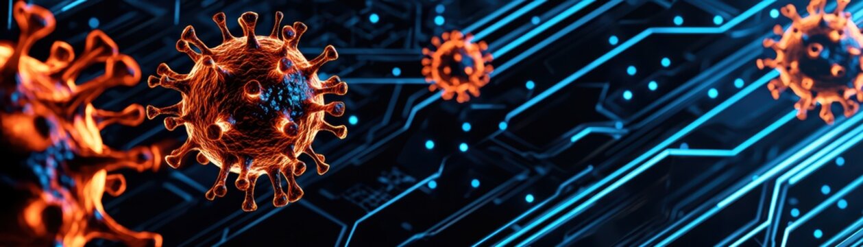 Digital representation of coronavirus cells against a futuristic tech background of circuits and glowing blue lines
