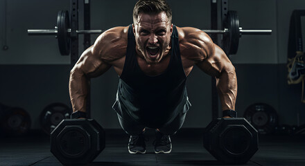Intense Muscular Man Doing Push Ups with Dumbbells in Dark Gym with Barbell Equipment for Weight Training