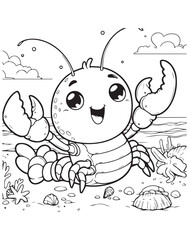 Coloring book  happy lobster amongst coral and seaweed. A cute underwater scene