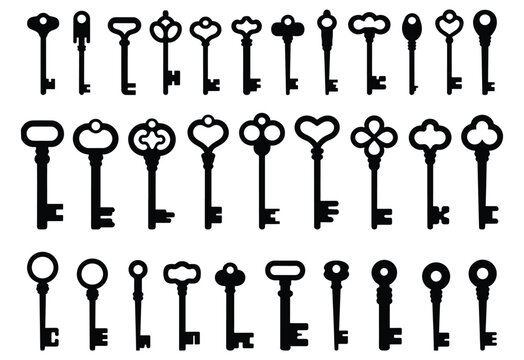 Antique key silhouette. Vintage skeleton key silhouette collection. Open door symbols, privacy, and escape. Antique black key icons on a white background.