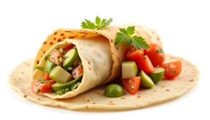 burrito with vegetables and tortilla, isolated on white