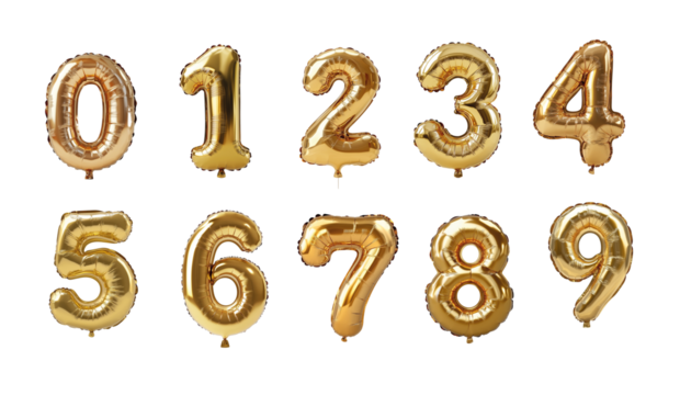 gold foil Balloon Numbers 0-9 Isolated on Transparent Background