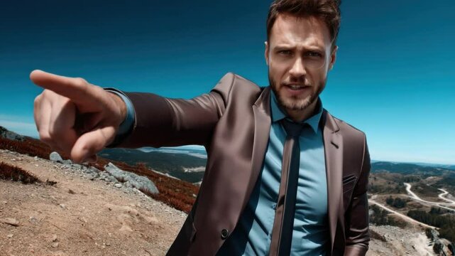 The Confident Navigator: A determined man, dressed in a sharp suit, confidently points towards the horizon, symbolizing ambition, leadership, and a clear vision for the future.