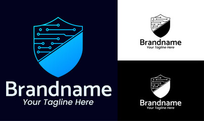 Modern tech shield logo design template for cybersecurity brand digital protection or IT company identity