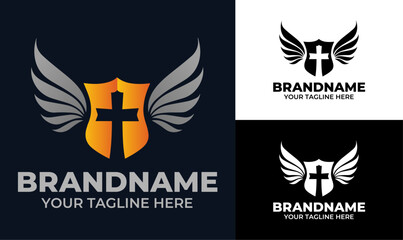 Winged cross shield logo design template for church ministry faith based brand or Christian organization