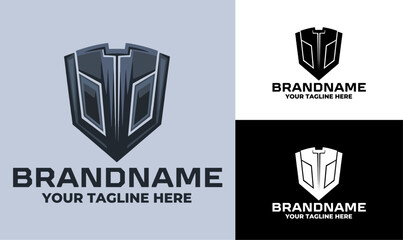 Futuristic shield logo design template for tech company gaming brand or digital security identity