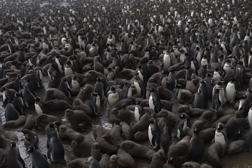 Obraz premium Dense colony of penguins and seals huddled together on a beach. The dark colored animals are tightly packed, creating a textured surface. The scene is overcast, with muted lighting