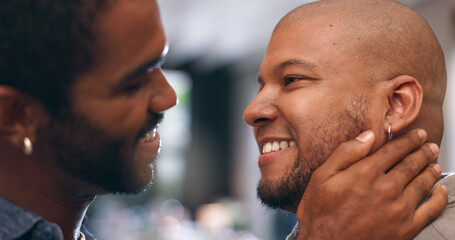 Fototapeta premium Gay couple, romance and smile in home with happiness for love and flirting in living room. Dating, touch and LGBTQ partner with conversation, trust and relax together for weekend support in lounge