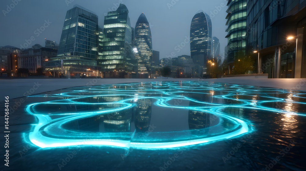 Aufkleber 夜の都市風景雨上がりの水たまりに映る青い光と近代的な建物の美しい反射