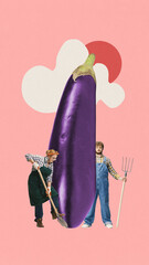 Surreal illustration of giant eggplant and two tiny farmers interacting with vegetable against pink...
