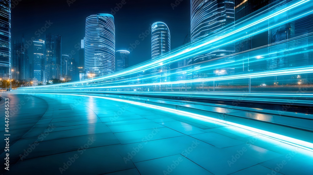 Aufkleber 青い光線が夜の都市を駆け抜ける未来的な都市景観 高層ビルの光と道の光跡が織りなす高速移動のイメージ