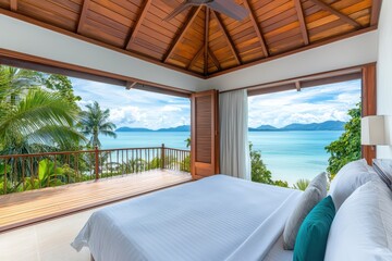 Fototapeta premium Serene coastal bedroom with panoramic view of tropical landscape and ocean under blue sky